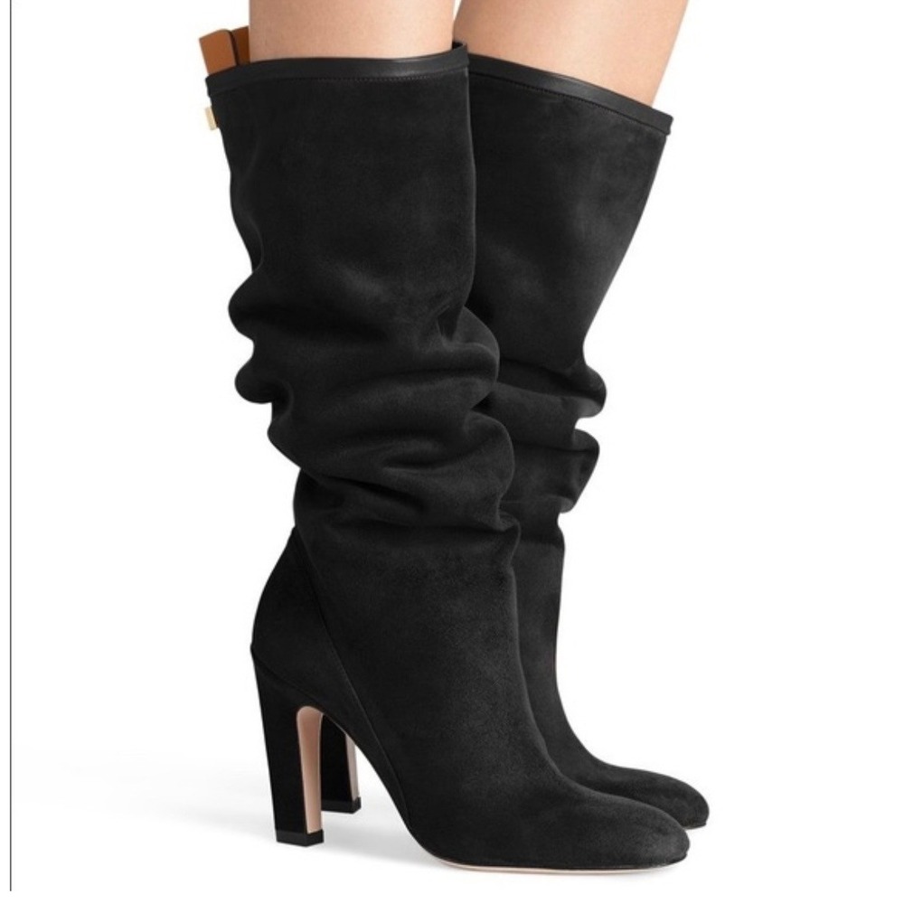 Stuart Weitzman Charlie Suede Knee High Heeled Boot Black 6 - Picture 2 of 14
